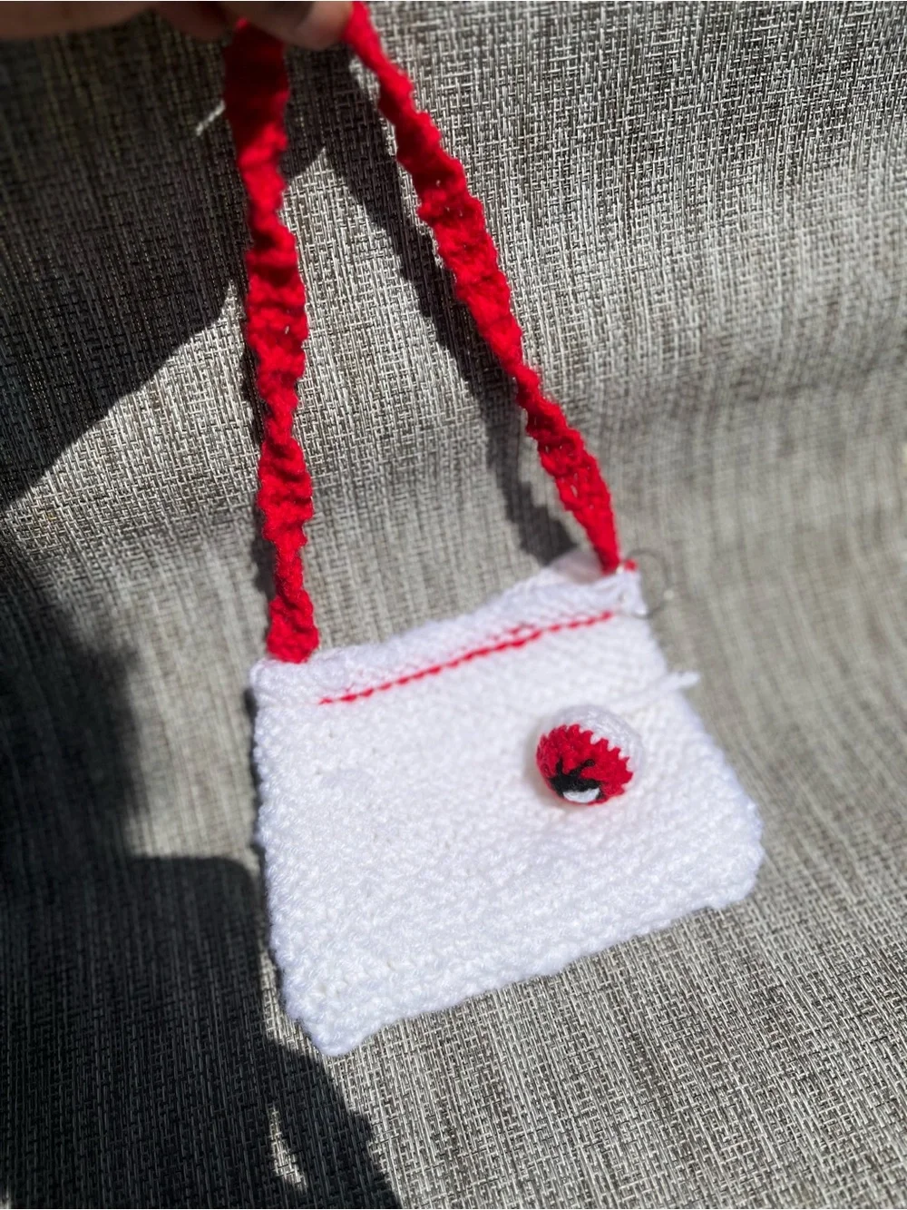 White and Red Crochet Kids Shoulder Bag - Cute eyeball Keychain